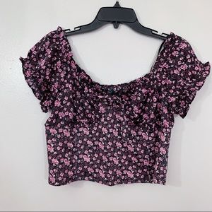 Wild Fable Women’s Black Pink Floral Off Shoulder Tie Front Crop Top - NWT